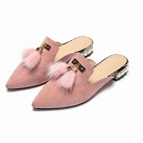 fur tassles on sandy pink flats angle view edgability