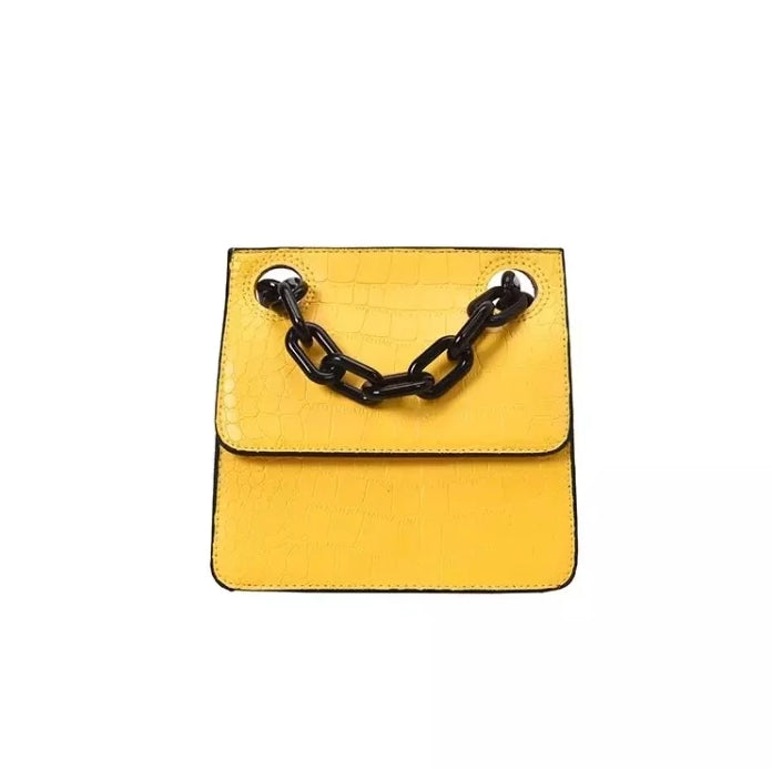 croc skin yellow sling bag with black strap edgability